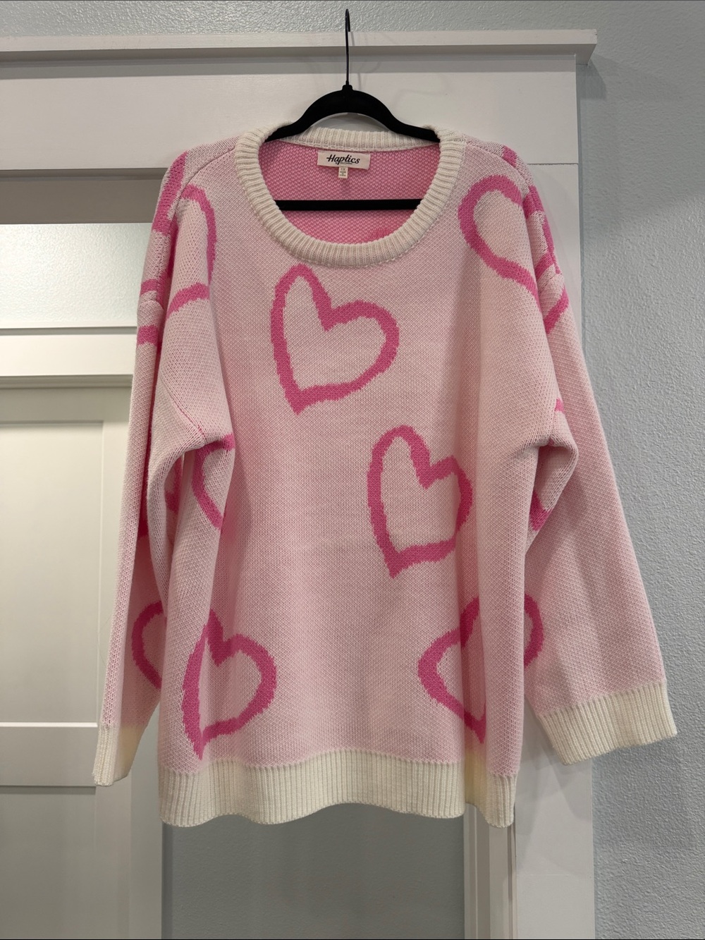 Haptics Pink Heart-Print Crewneck Sweater with Cream Trim